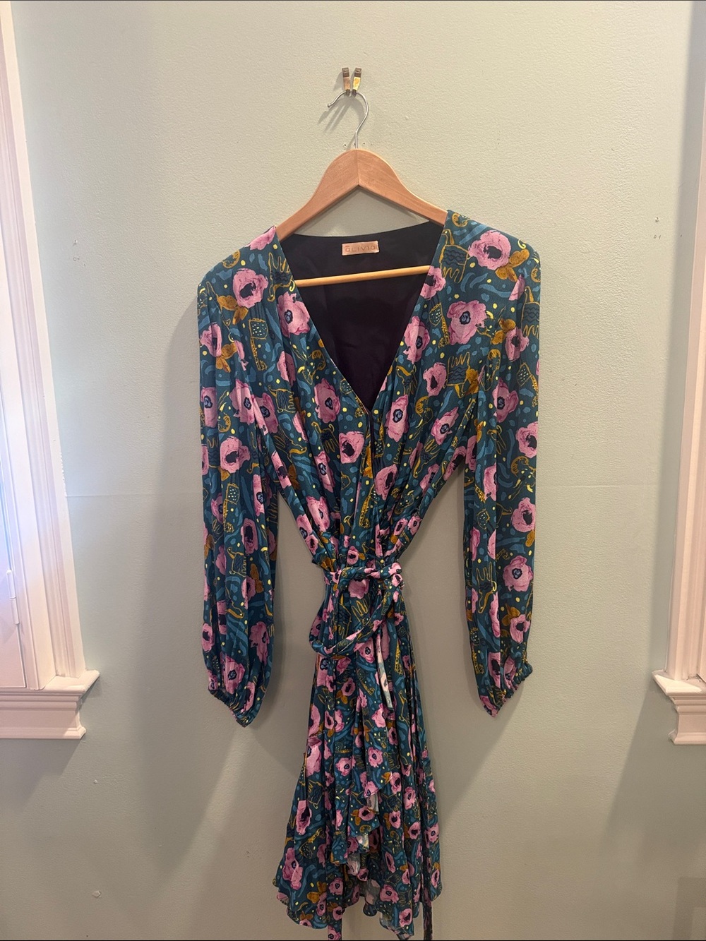 Floral Teal Wrap Dress with Pink Blooms — Long Sleeve